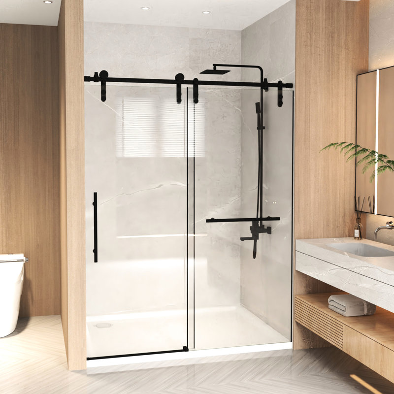 44 - 48" W X 76" H Sliding Shower Door With 5/16"  8Mm  Clear Tempered Glass, Stainless Steel Frame, Matte Black Adjustable Width, Reversible Installation, Excellent Waterproof Performance, Hardware,
