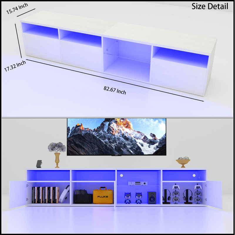 Console de télévision moderne à DEL avec sélection de couleurs RVB complète et rangement spacieux, idéale pour les téléviseurs de 75/80 pouces, 31 modes de changement de lumière