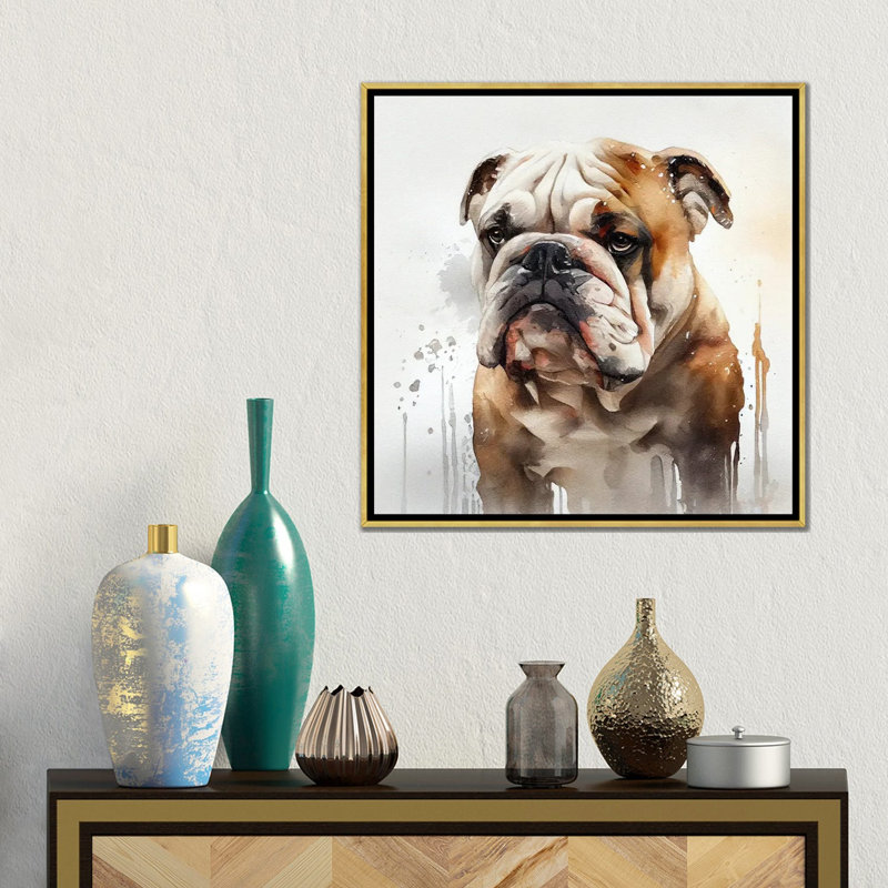 Watercolor British Bulldog, 18" H x 18" W x 1.5" D, Gold Floater Framed Canvas