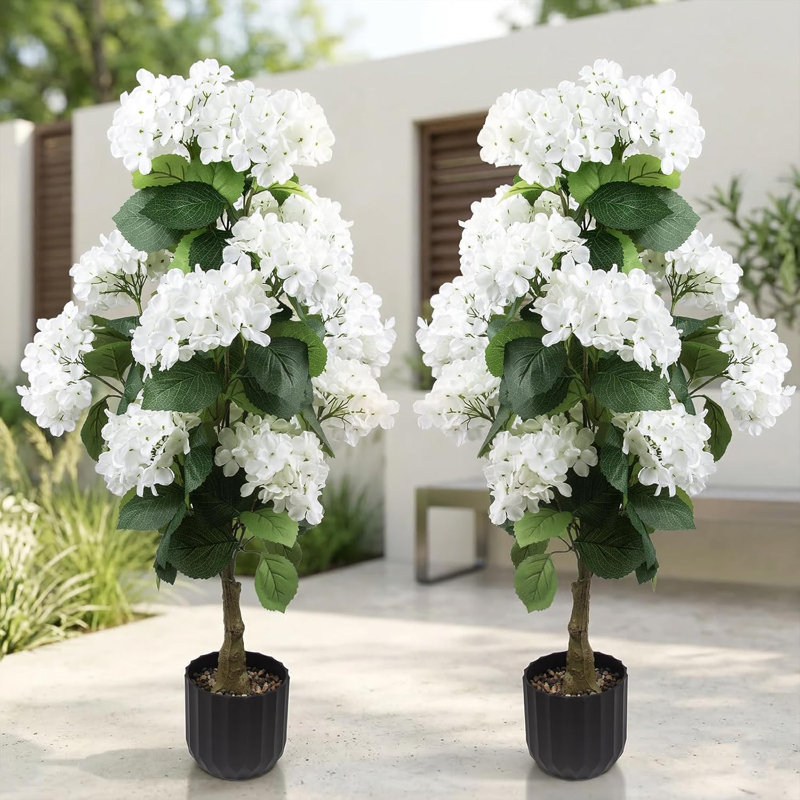 Arbres d'hortensia artificiels de 90 cm (3 pi) en pot, topiaires pour l'extérieur (lot de 2)