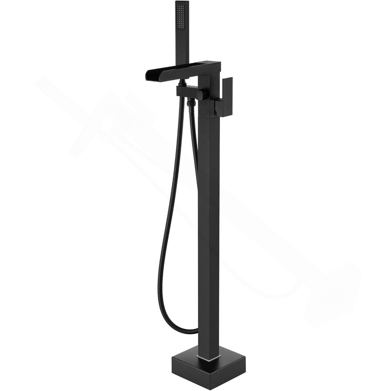 Bathroom Freestanding Waterfall Tub filler Matte Black Floor Mount Faucet with Hand Shower, Matte Black