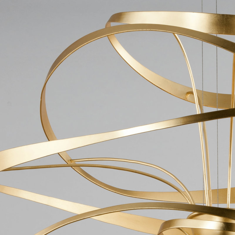 Calligraphy 2 - Light Unique Geometric LED Chandelier, Gold Leaf with Polished Stainless Accents, 16.5" H x 18" W x 18" D