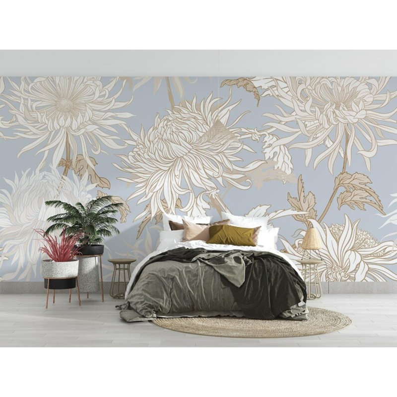 Papier peint botanique bleu et beige, L 118 po x l 236 po