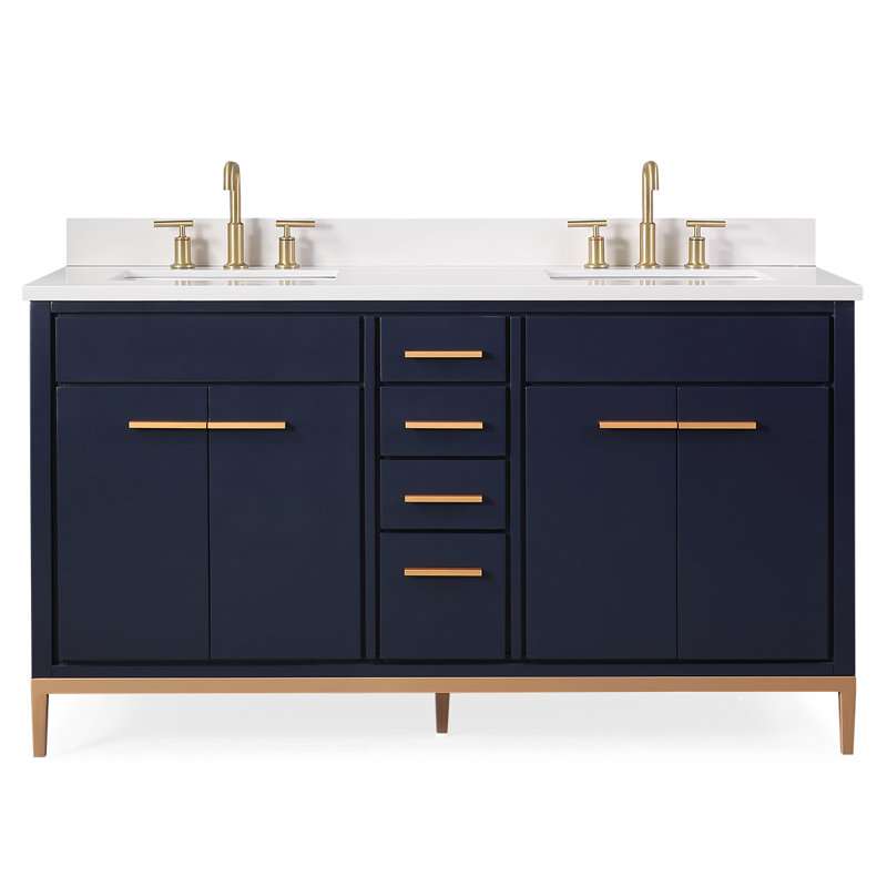 Navy Blue Double Sink Freestanding Bathroom Vanity with Brass Accents