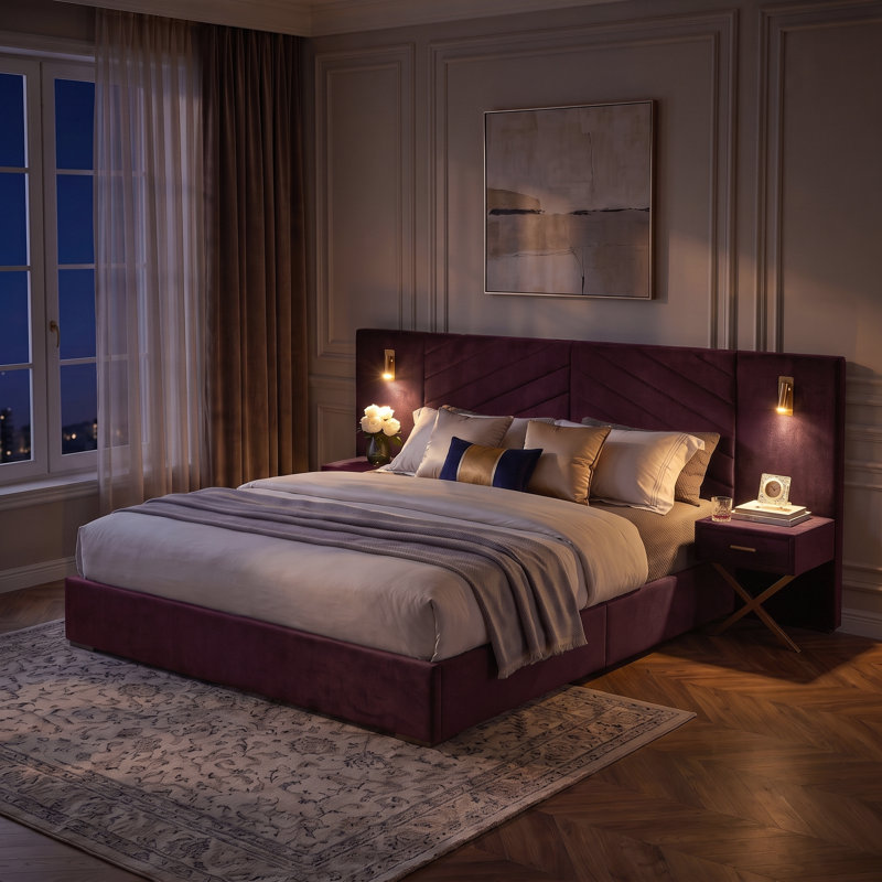 Lit plateforme tapissier Modern, King, Burgundy Purple