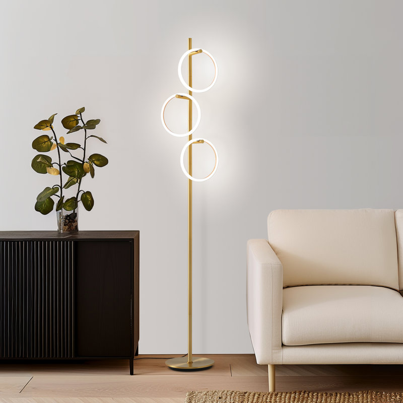 Saturn 66 in. Modern LED Floor Lamp with 3 Ring Lights, Gold Finish, and Built-In 3-Way Touch Dimming, Gold