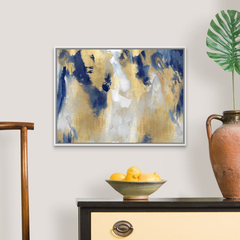 Reproduction d’art sur toile abstraite « taches d’or » par David Moore, Cadre blanc, H 20 po x l 26 po x P 1,75 po