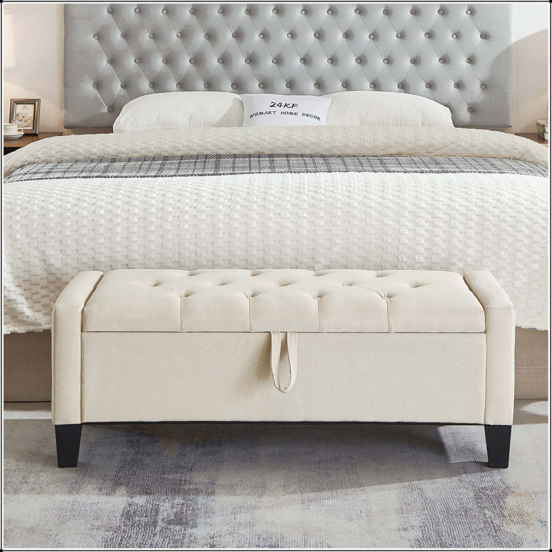 Banc repose-pieds en lin avec capitonnage à boutons et charnière de sécurité - Beige, Beige, Beige