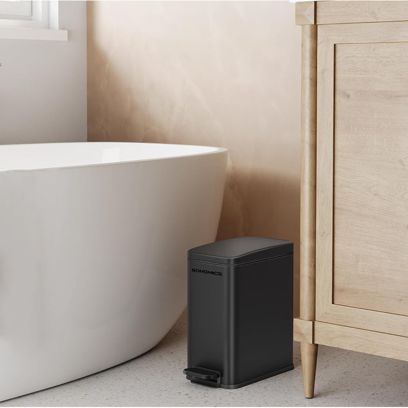 Slim Black Stainless Steel Rectangular Trash Can with Pedal