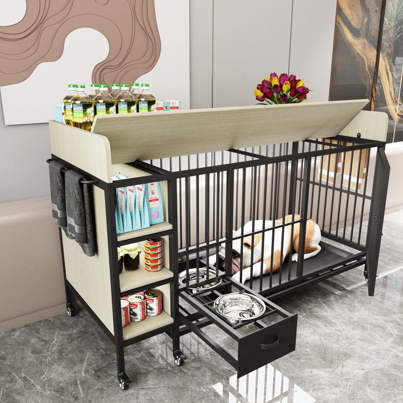 Grande cage pour animaux avec rangement pratique - Matériau de conception en fer et beige, Beige/noir
