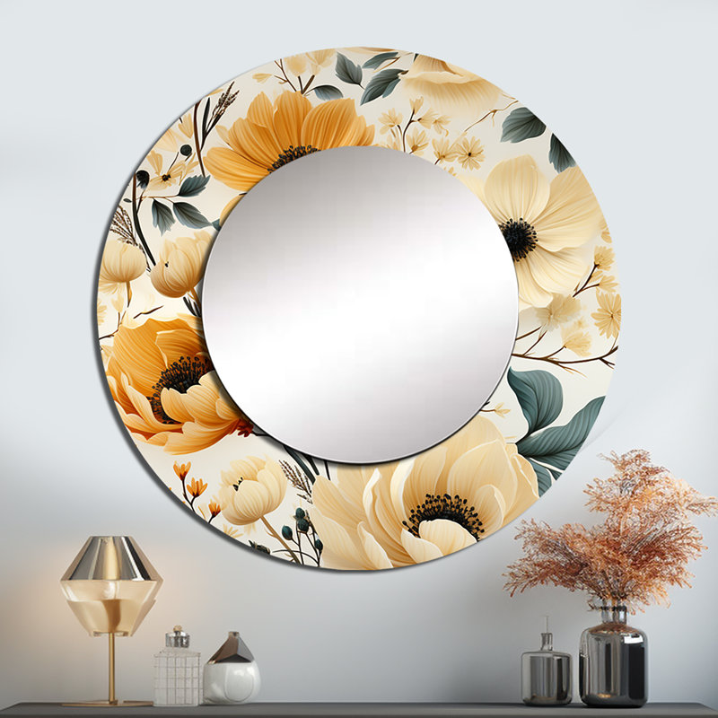 Bouquet de fleurs rustique beige rustique - miroir floral, miroir mural rond beige unique, impression d'art en métal