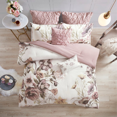 Ensemble d'édredon pour lit très grand 8 pièces en coton imprimé grand motif floral avec bourre hypoallergénique, rosé