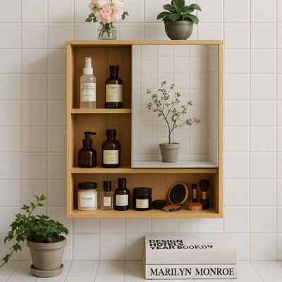 Wooden Bathroom Wall Storage Cabinet Organiser With Mirror