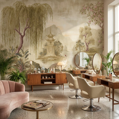 Asian Landscape Wallpaper Pagoda Pavilion Cranes Wall Mural