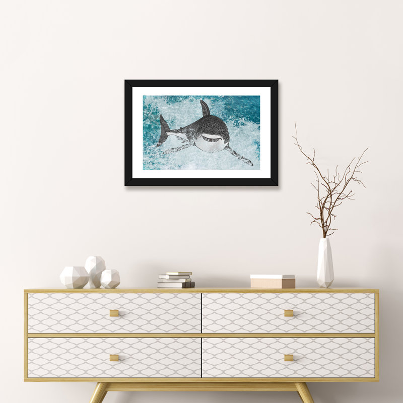 " Shark " by Angelika Parker, White, 16" H x 24" W x 1" D, Black Framed Paper