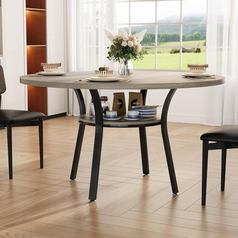 47'' Round Dining Table for 4-6, Farmhouse Dining Room Table, Round Dinner Table with Storage Shelf for Dining Room, Kitchen, Living Room, Grey