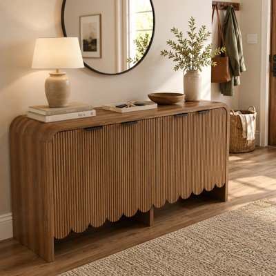 Buffet moderne, armoire décorative avec 4 portes et tablette réglable, console cannelée avec poignée en métal, armoire de rangement en bois pour la cuisine, le couloir, l'entrée