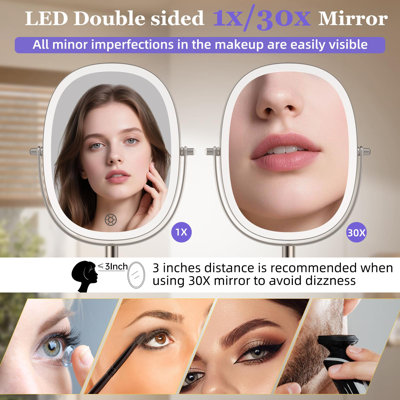 Wall Mounted Adrieanne 1X/30X Magnifying With 84 LED Lights, 5000Mah Rechargeable Bathroom Mirror, 3 Color Dimmable Light