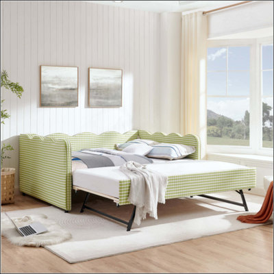 Lit de jour en vichy douillet avec couchette sans sommier, avec port USB et adorable tissu en forme de vague