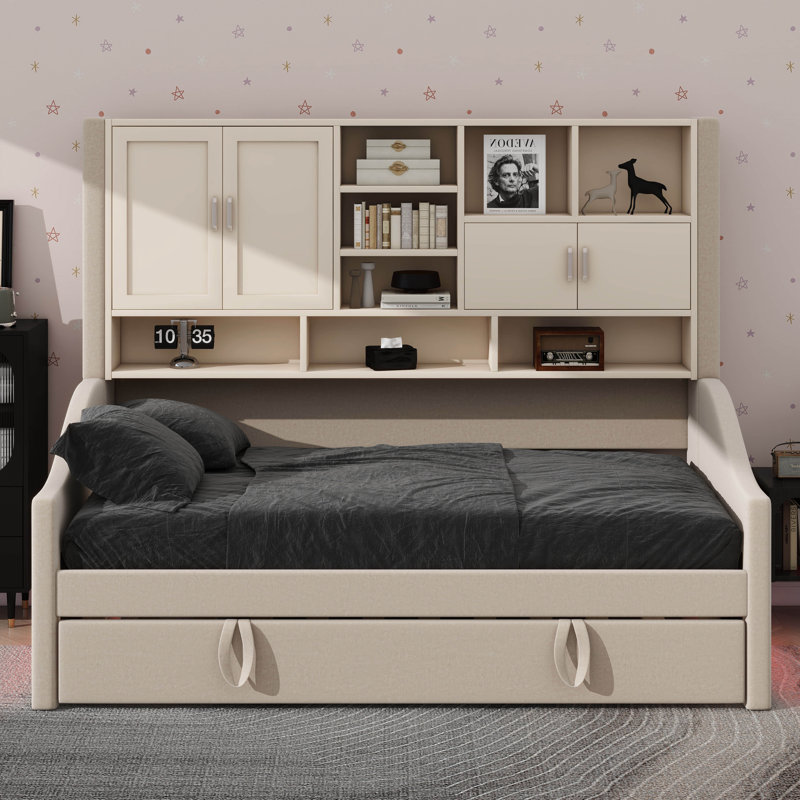 Lit de jour simple rembourré, livré avec lit gigogne relevable, Beige