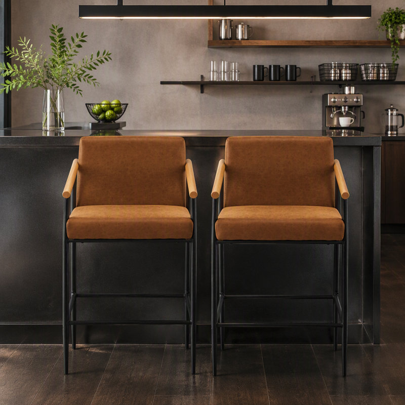 Tabouret de comptoir avec cadre en fer - ensemble de 2 - noir et brun rougeâtre, Brun