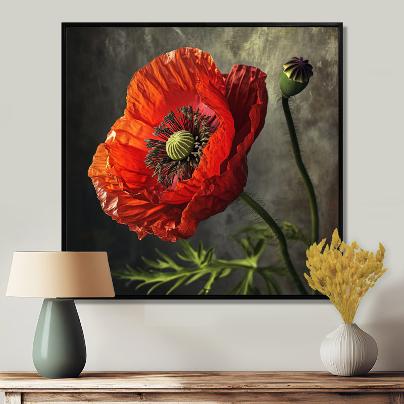 Gros plan sur le coquelicot rouge - art mural salon coquelicot, Cadre flottant noir, bois massif, H 16 po x l 16 po