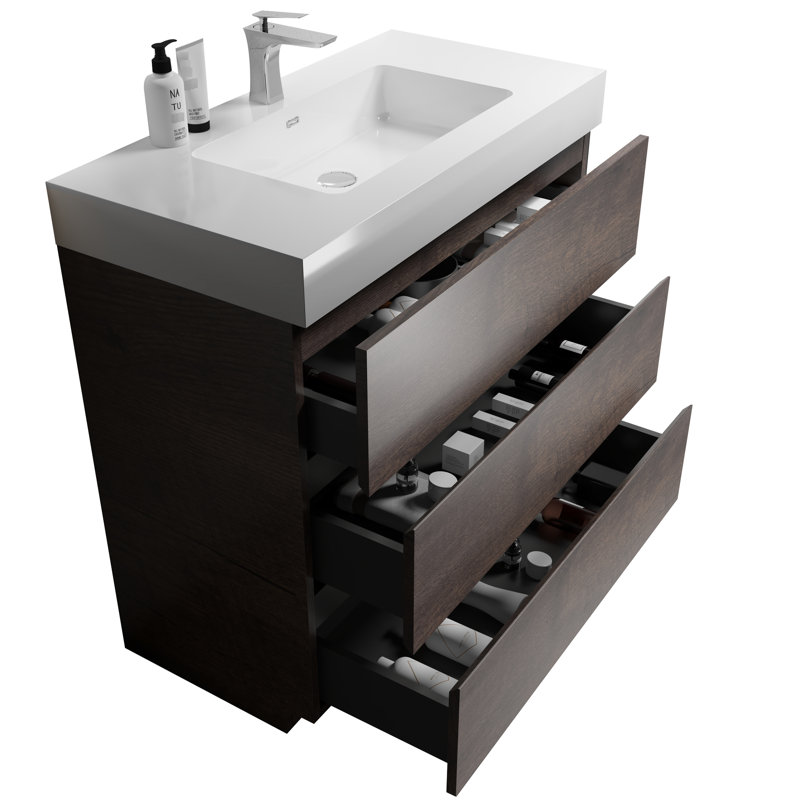 Bathroom Vanity 36" - Walnut, White Sink Basin, Ample Storage, , Elegant , Modern Fixture Sink, Integrations Of Finish, Theme