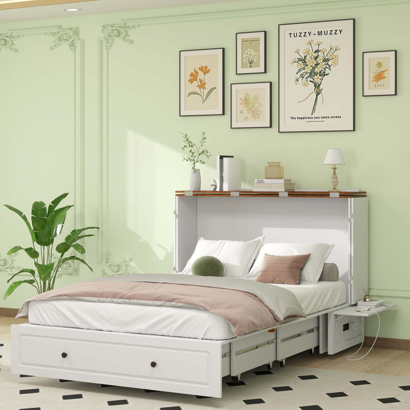 Queen Murphy Bed with Charging Station Cabinet - Space Saving Wall Bed for Guest Room, Study, Apartment with Built In USB Ports ( Included Mattress) White