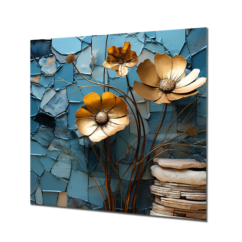 Coquelicots dorés sur bleu sarcelle - art mural coquelicot, H 16 po x l 16 po x P 1 po, Sans cadre, métal