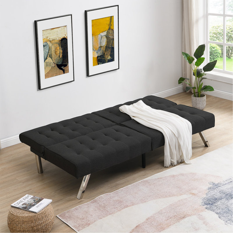 Wood Frame, Stainless Leg, Futon, Sofa Bed Black, Black Fabric, 68.1" W