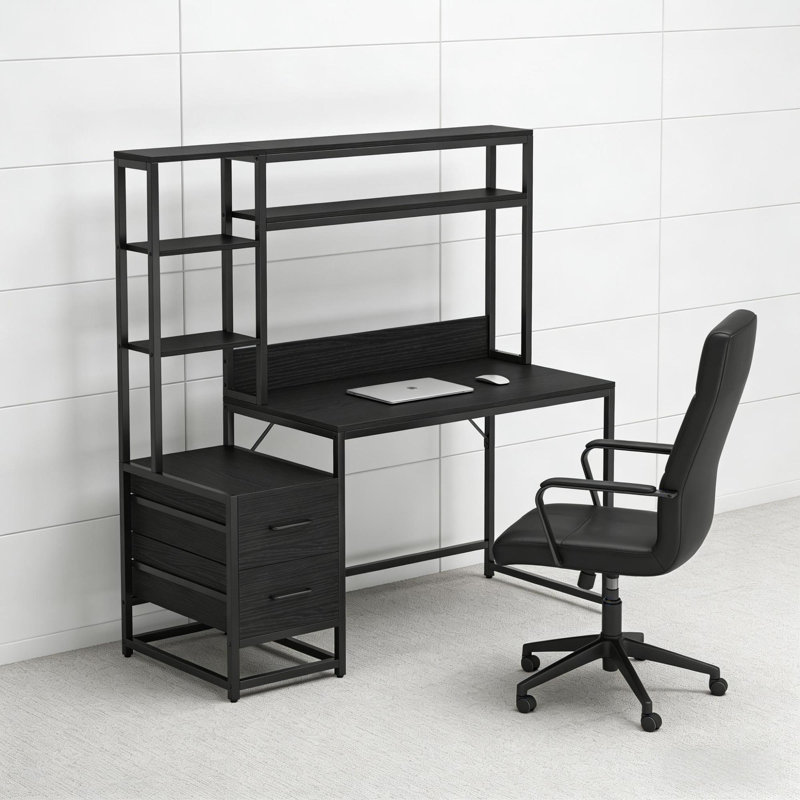 Bureaux multifonctionnels avec rangement, métal noir et bois, bureau industriel