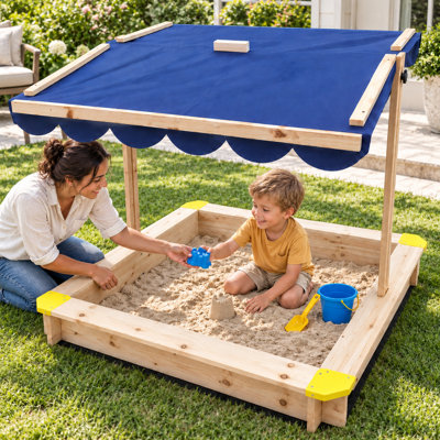 Kids Outdoor Wooden Sandbox with Adjustable Canopy, 47.2" Solid Fir Wood Sand Box with Cover and Bottom Liner for Backyard, Garden, and Patio