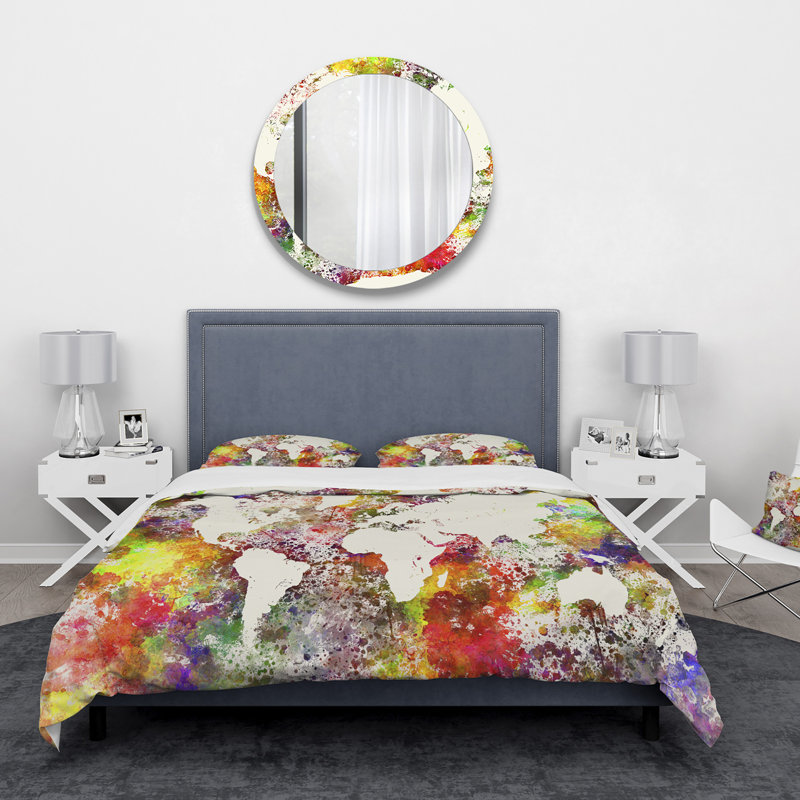 King Multicolor Microfiber World Map Duvet Cover Set