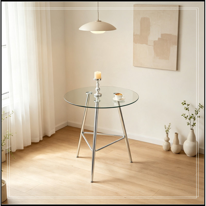 Table de salle à manger ronde avec plateau en verre et pieds en métal, Argent