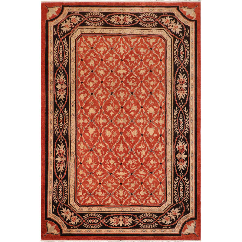Tapis rouge / noir / beige en laine noué à la main à motif oriental 10 pi 5 po x 13 pi 8 po Otavia
