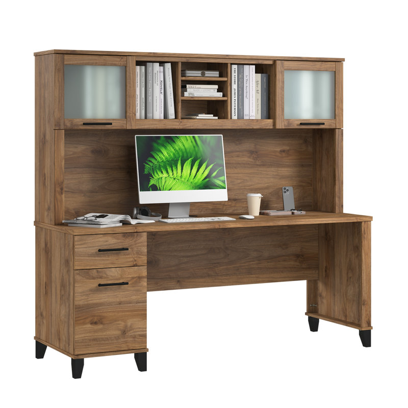 Paelynn 72” Office Desk with Hutch and Drawers, Computer Office Desk with Storage, Modern Wood, Fresh Walnut, Fresh Walnut