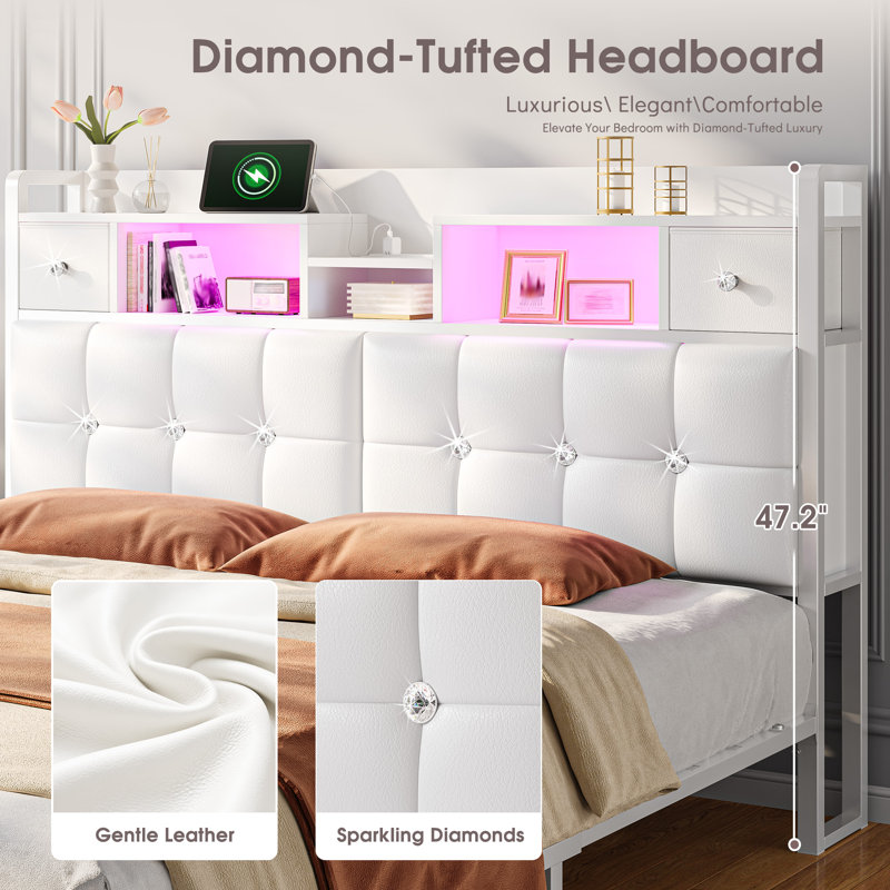 Lit tête de lit tapissier moderne avec tiroirs et tablettes de rangement, tête de chargement USB et éclairage d'ambiance personnalisable à DEL - double / grand / très grand