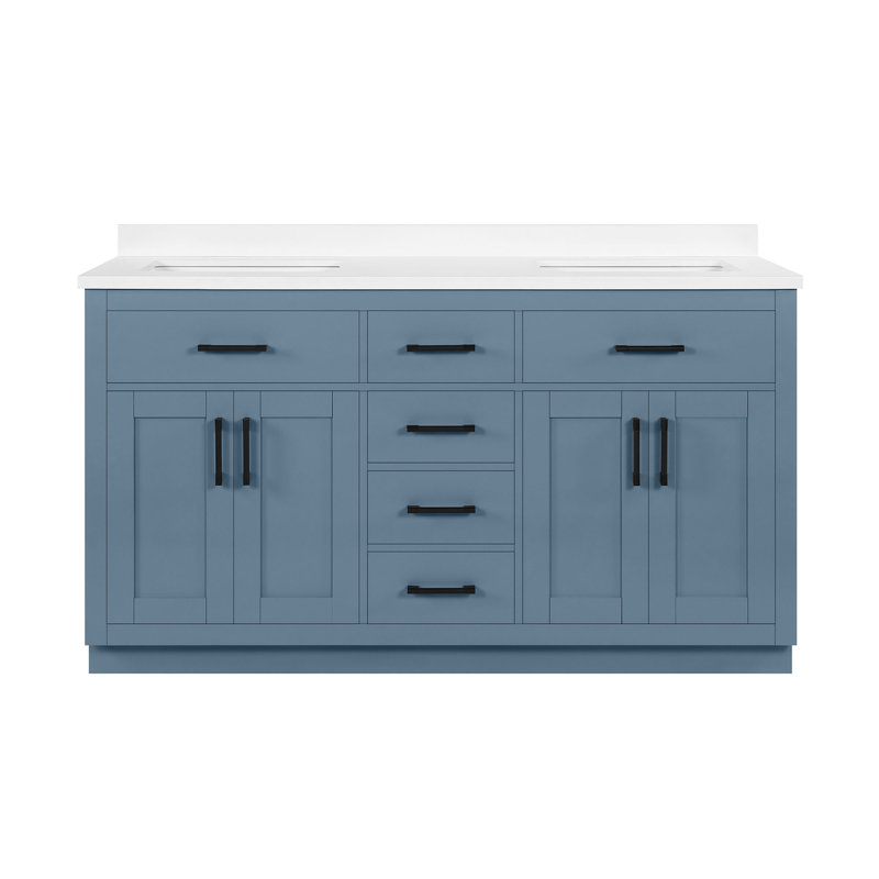 Bailey 60 in. Double Sink Freestanding Blue Lagoon Bathroom Vanity with White Stone Top, Backsplash, Matte Black, Blue Lagoon