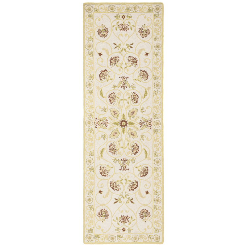 Tapis ivoire / vert en laine crocheté à la main Horsten, Tapis de couloir 2 pi 6 po x 6 pi