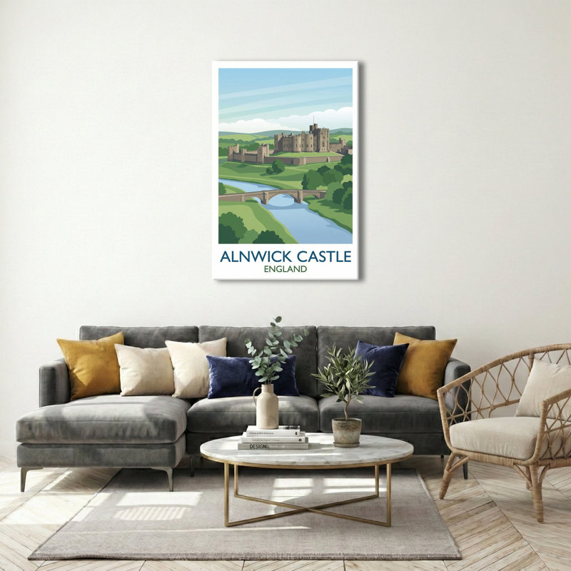Alnwick Castle, England - Romantic Travel Poster Capturing Northumberland's Timeless Castle. Giclée Print on Wrapped Canvas. Wall Art, Home Decor - Castles & Palaces, England 1 Piece Wrapped Canvas Wall Art