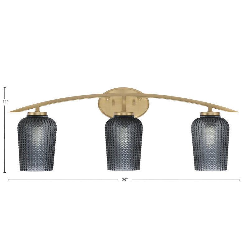Kurve 3 Light Bath Bar With 5" Textured Glass, Brass, Smoke