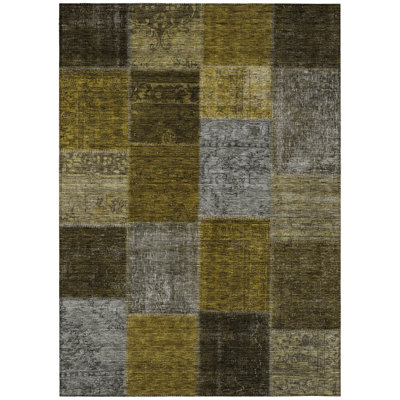 3' X 5' Brown Gold And Taupe Patchwork Washable Indoor Outdoor Area Rug