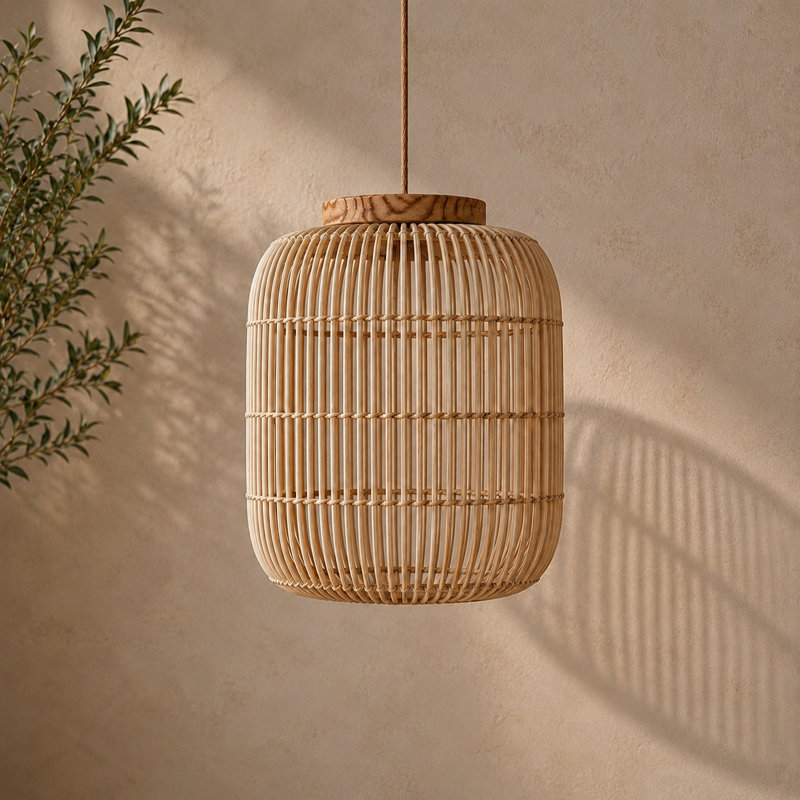 15 in. H Rattan and Solid Wood Cylinder Pendant Shade