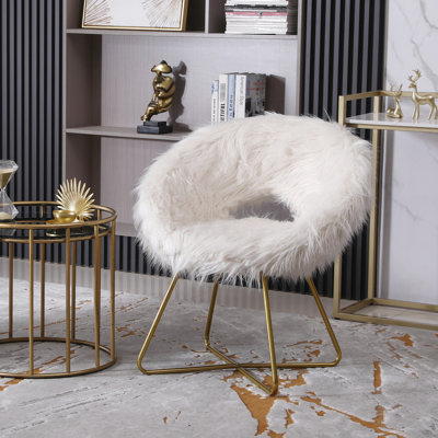 White Faux Fur Chair With Modern Design - Cushioned , Gold Metal Frame, Floor Protector, Glamorous Appeal Accent Seat Design, Cushioned, Sled, Protection Assurance