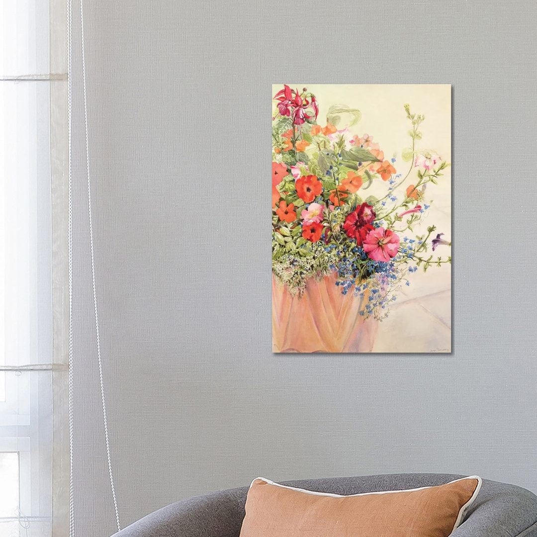 Petunias, Lobelias, Busy Lizzies and Fuschia in a Terracotta Pot by Joan Thewsey - Wrapped Canvas Painting