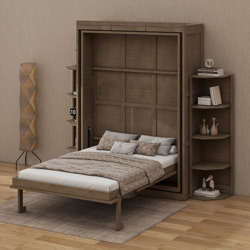 Grand lit escamotable rotatif avec armoire murale cachée, tablettes latérales à 3 niveaux, bureau convertible et supports de rangement supplémentaires