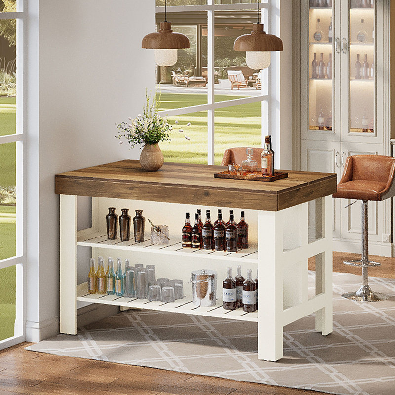 Home Bar Table With Storage Shelves, Farmhouse Bar Cabinet For Kitchen Dining Room, White/Brown