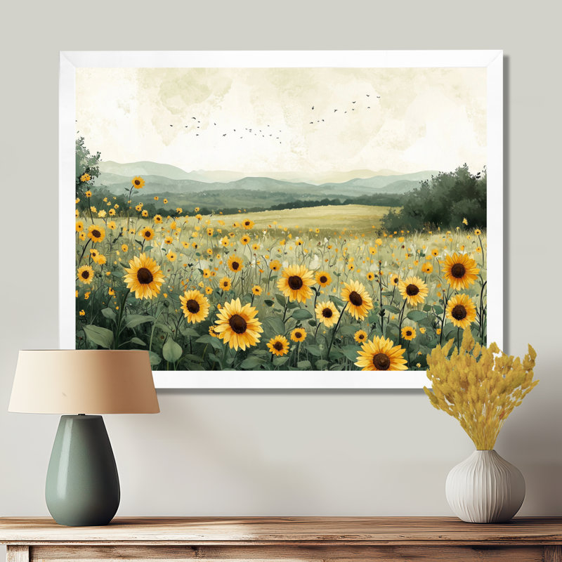 Dorelien tournesols au bord de la ferme II - tournesols, art mural sur toile, Reproduction encadrée d'une seule photo, Blanc