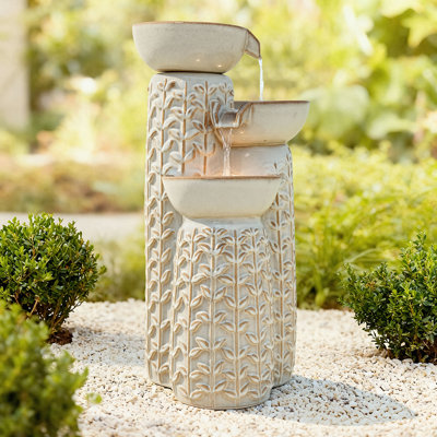 28" Ceramic Outdoor Water Fountain with LED Lights, Cascading Waterfall & 3-Tier Embossed Leaf Pattern Bowls in Beige Glaze for Garden Patio Yard Porch Relaxation