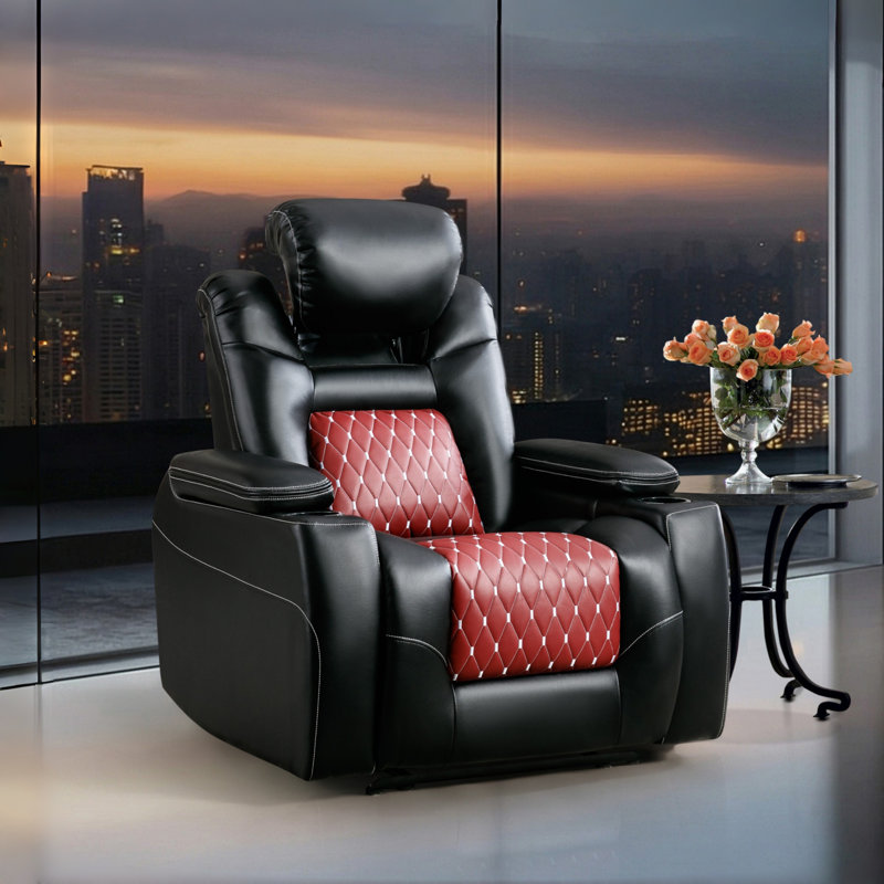 Meagann 37.4'' Wide Modern and Overstuffed Breathable Leather Dual Motor Power Recliner with Adjustable Headrest and Cup Holder